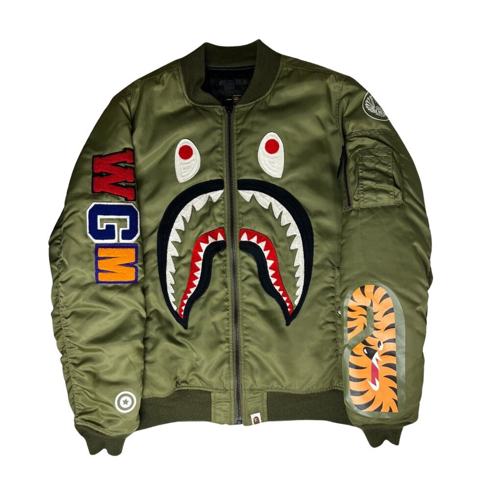 1-85 BAPE Men's Shark MA-1 Jacket Embroidered Green Large